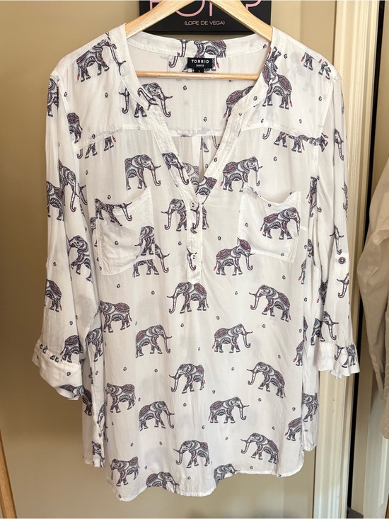 torrid Tops - torrid White Henley Style Blouse with Pink and Teal Elephant Print